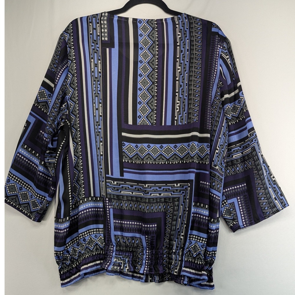 Chicos Blue Purple Geometric Tribal Print Split Neck Bubble Blouse 3/4 Sleeve - Picture 2 of 9